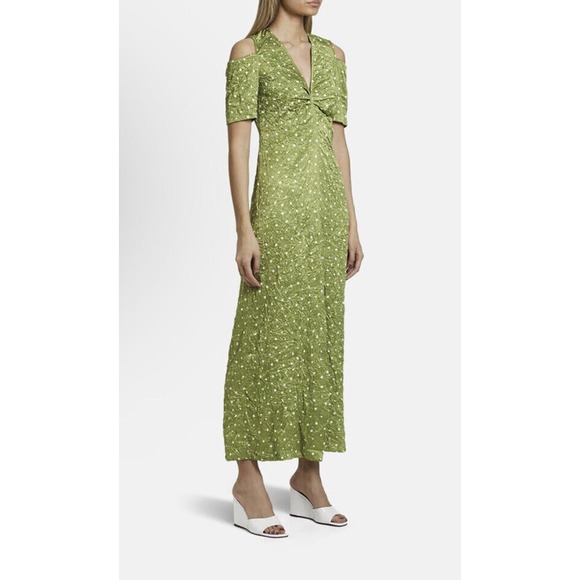 GANNI POLKA DOT LONG LIME GREEN CRINKLED MAXI DRESS SIZE 42 =8-10? US - Picture 1 of 9